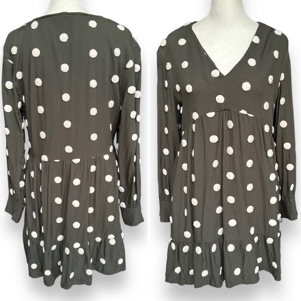 Zara Khaki Green Embroidered Polka Dot Long Sleeve Baby-Doll Dress | Medium - Picture 4 of 14